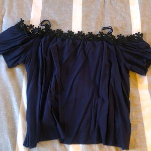 SHEIN* Open shoulder navy blue short sleeve blouse